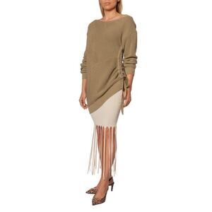 Pinko Women's Cadiz Asymmetrical Ribbed Relaxed Fit Pullover Sweater Size XL Tan